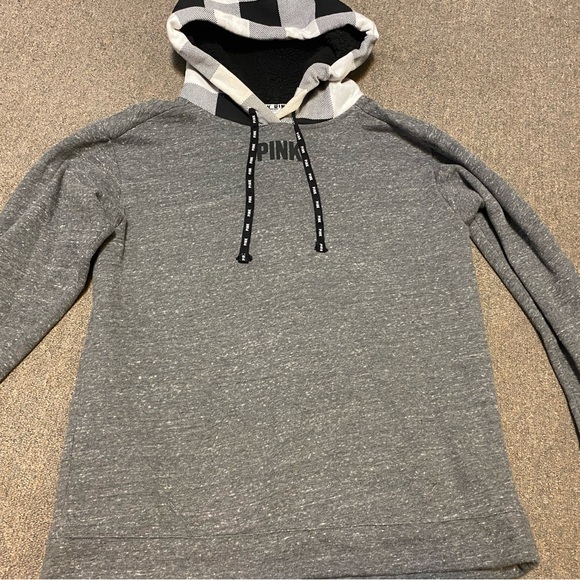 Victorias Secret PINK Hoodie Adult Gray Plaid Sherpa Lined Hood Spell Out Medium - Picture 1 of 9